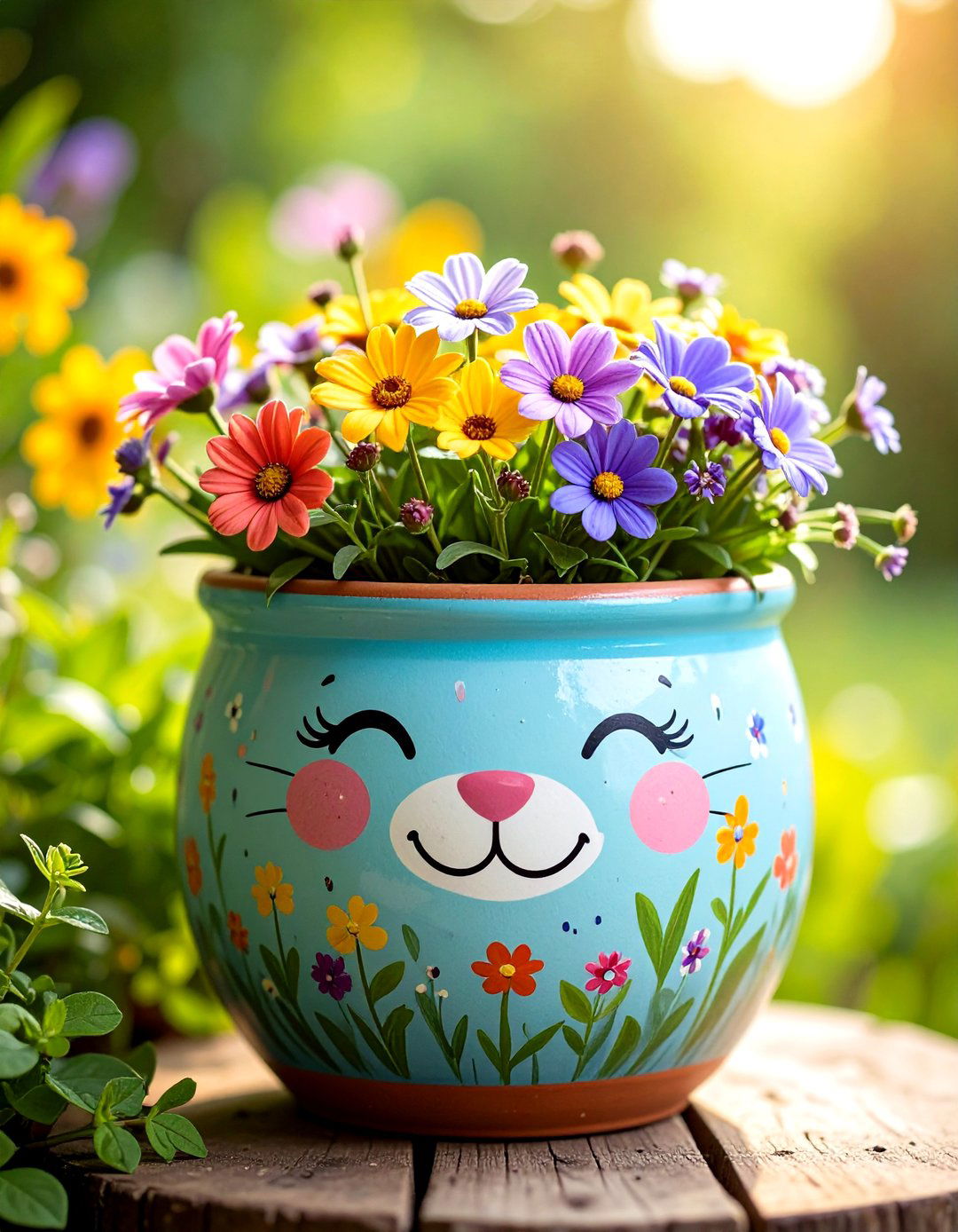 Cute Animal Face Painted Pot - 25 painted pot ideas