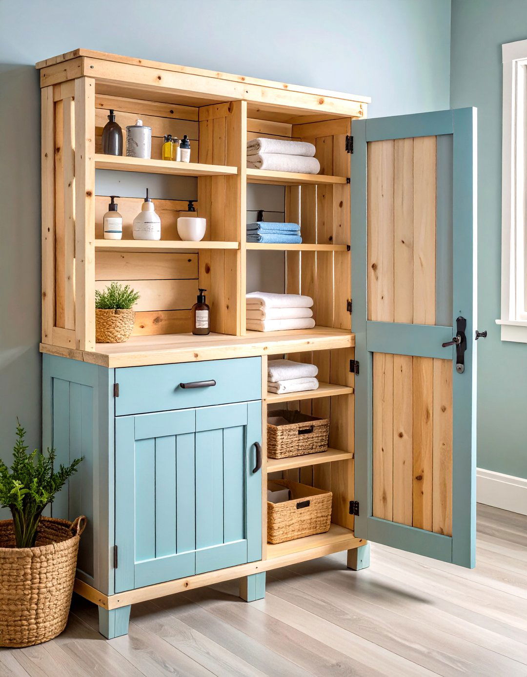 DIY Reclaimed Pallet Shelf With Flip Down Door - 25 over toilet storage ideas