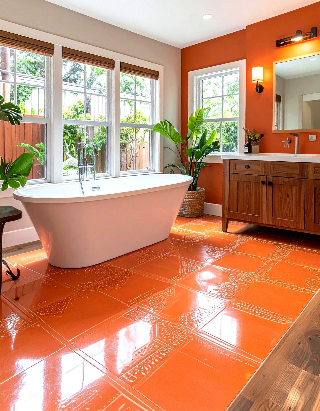 DIY Terra Orange Stenciled Floor - 25 orange bathroom ideas