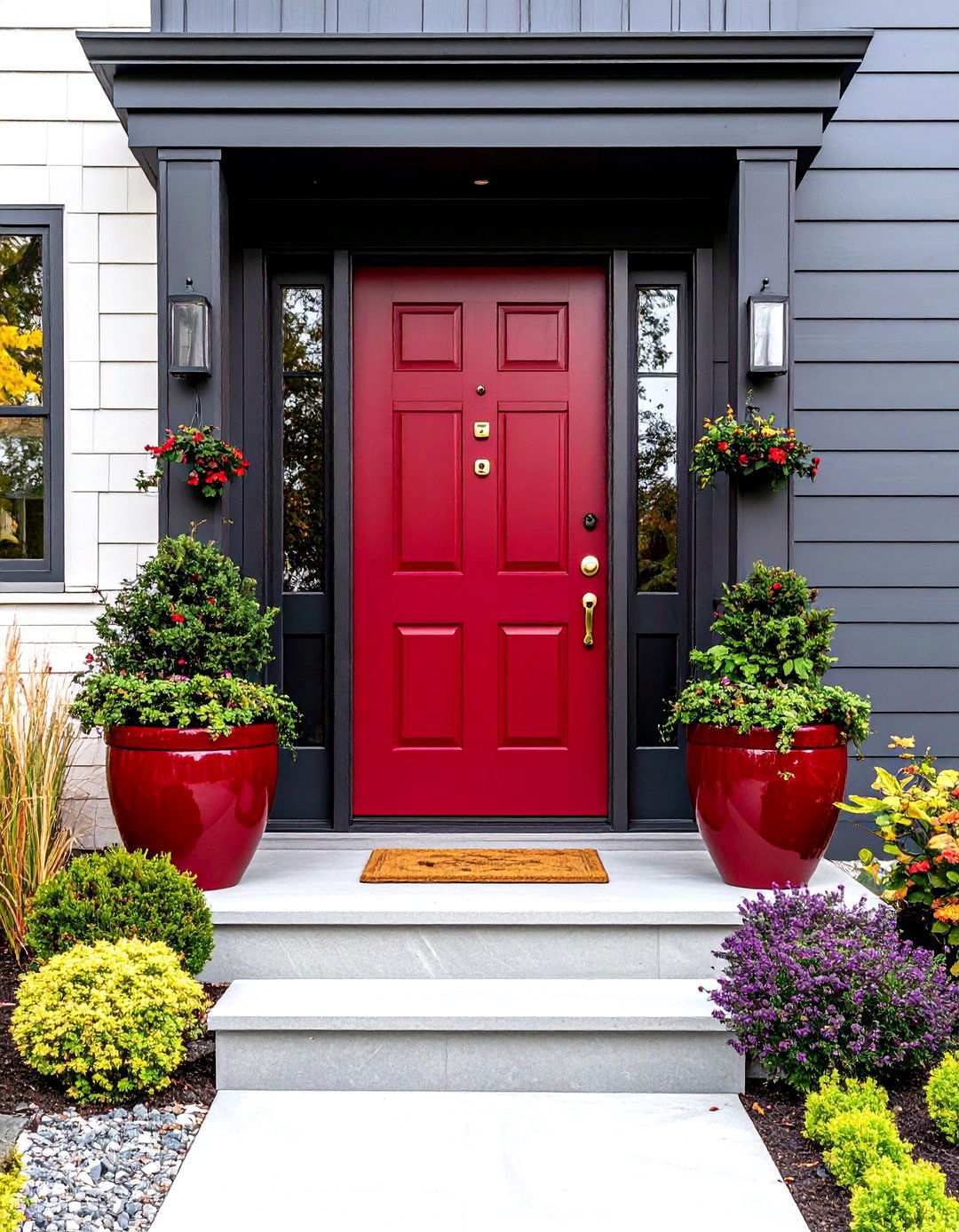 Dark Red Front Door Against Charcoal Siding - 25 dark red front door ideas