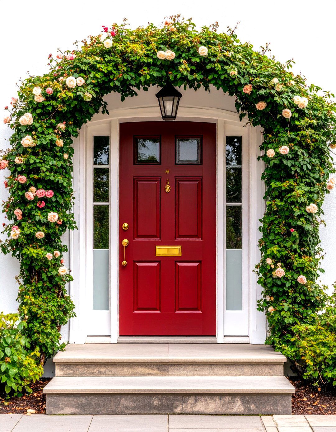 Dark Red Front Door Complemented by Greenery Arch - 25 dark red front door ideas