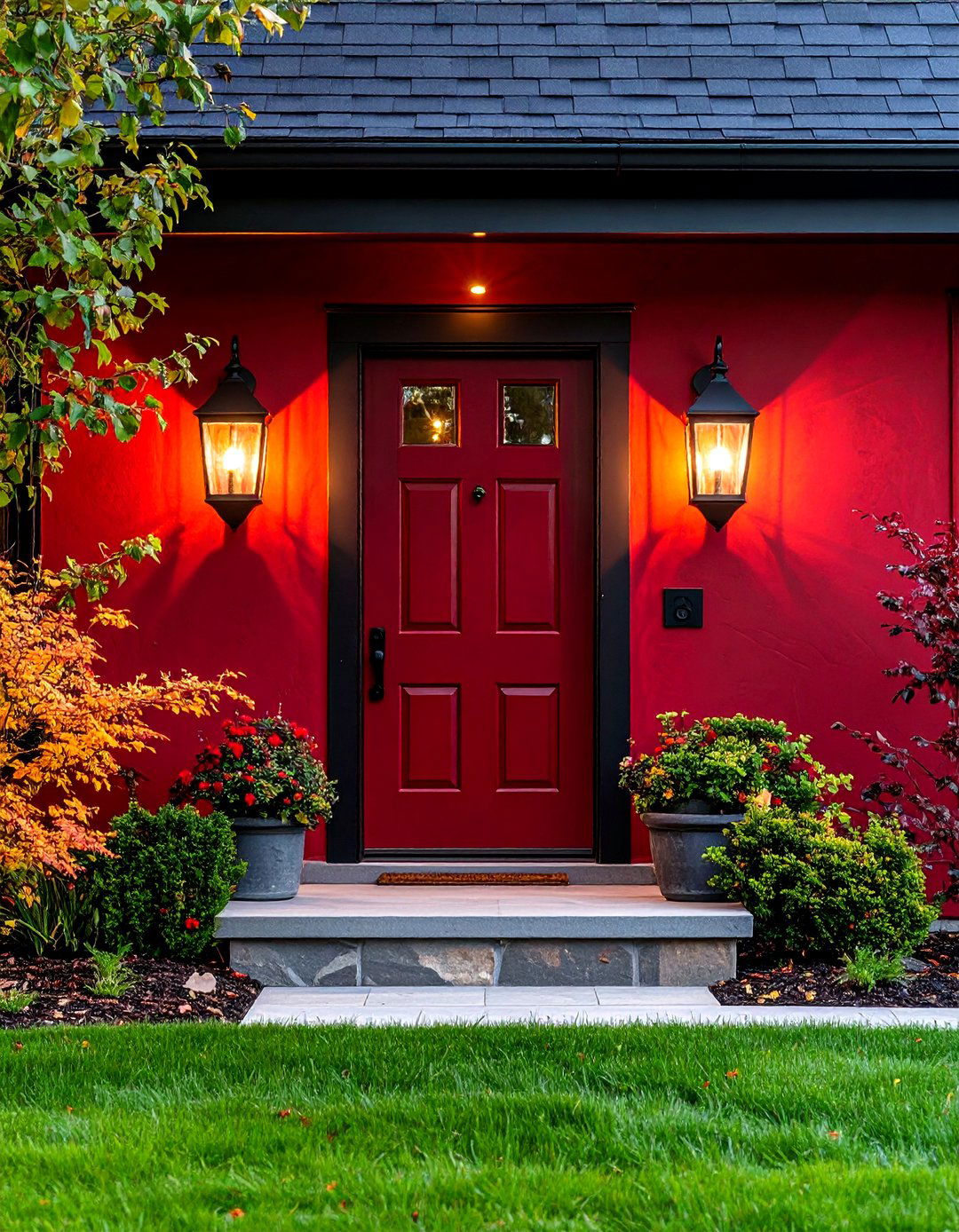 Dark Red Front Door Highlighted by Statement Lighting - 25 dark red front door ideas