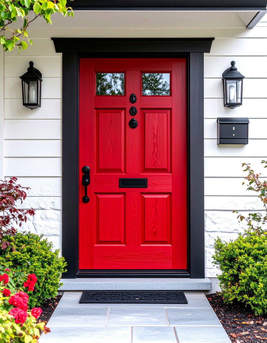 Dark Red Front Door Paired with Matte Black Hardware