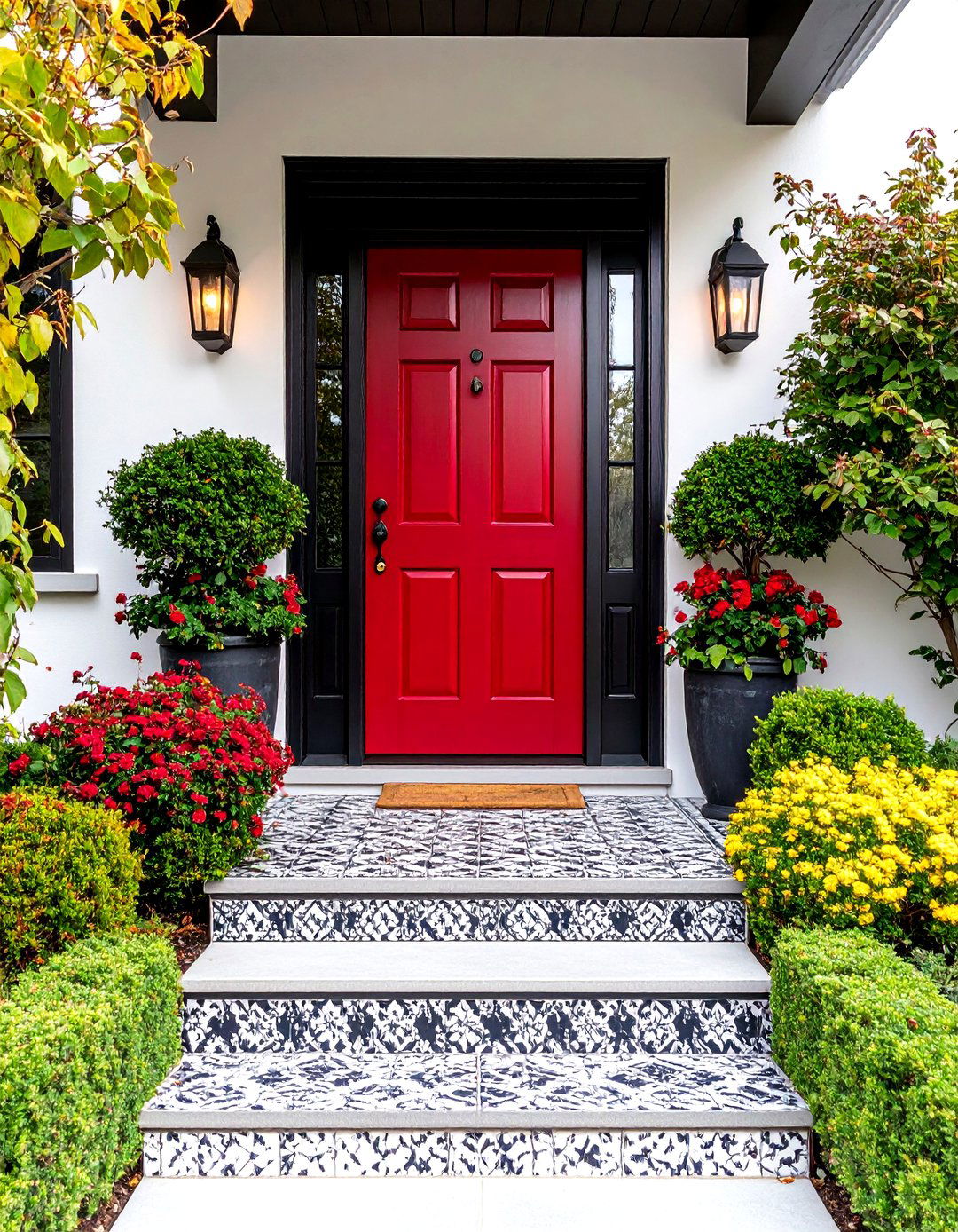 Dark Red Front Door and Patterned Tile Porch - 25 dark red front door ideas
