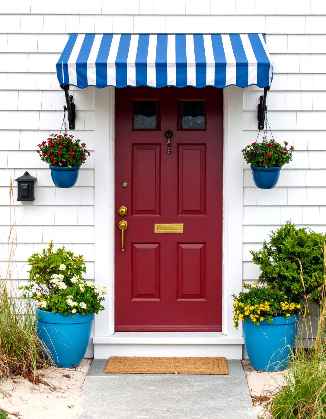 Dark Red Front Door in Coastal Cottage Setting - 25 dark red front door ideas