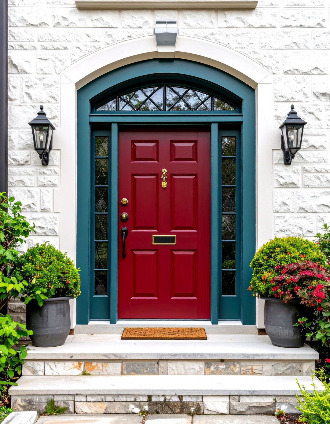 Dark Red Front Door on Tudor Inspired Facade - 25 dark red front door ideas