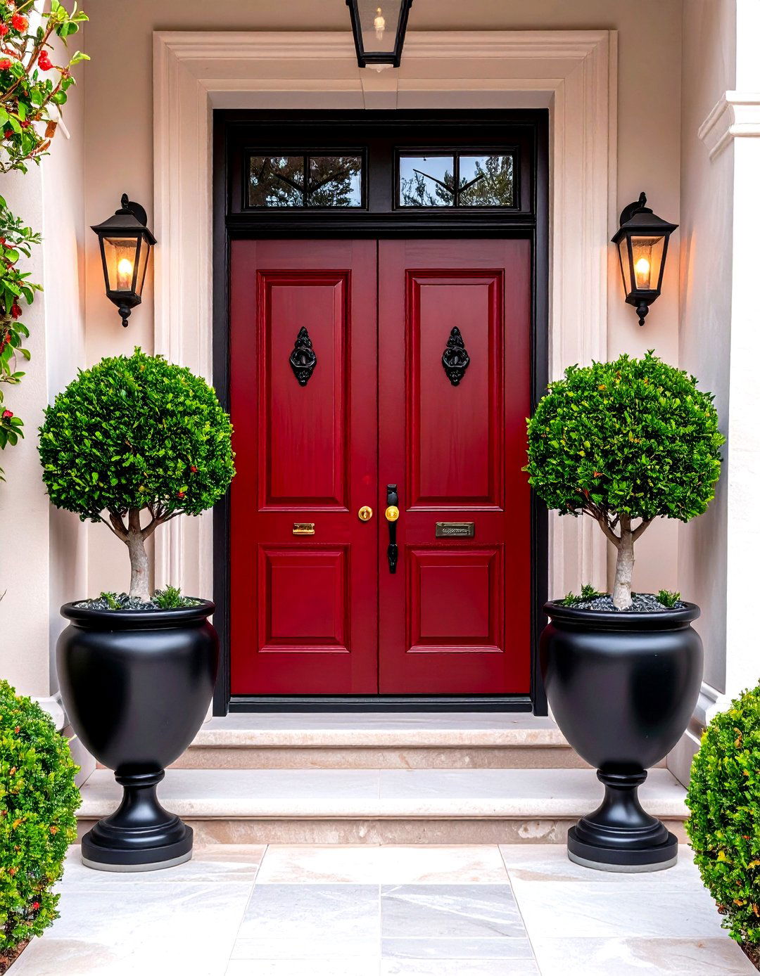 Dark Red Front Door plus Planter Symmetry - 25 dark red front door ideas