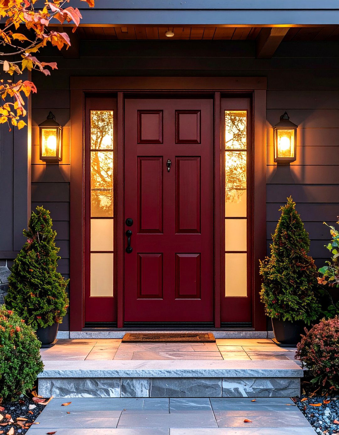 Dark Red Front Door with Frosted Side Panels - 25 dark red front door ideas
