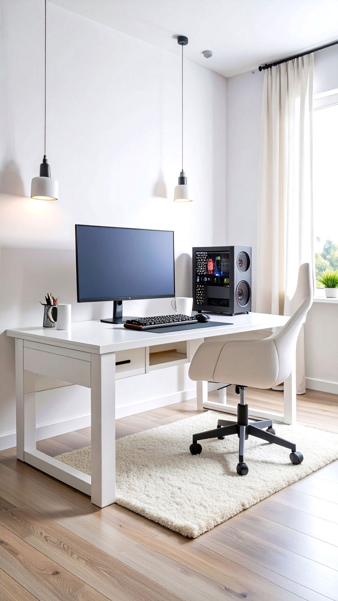 Decluttered Cloud Desk White Gaming Setup - 25 all white gaming setup ideas
