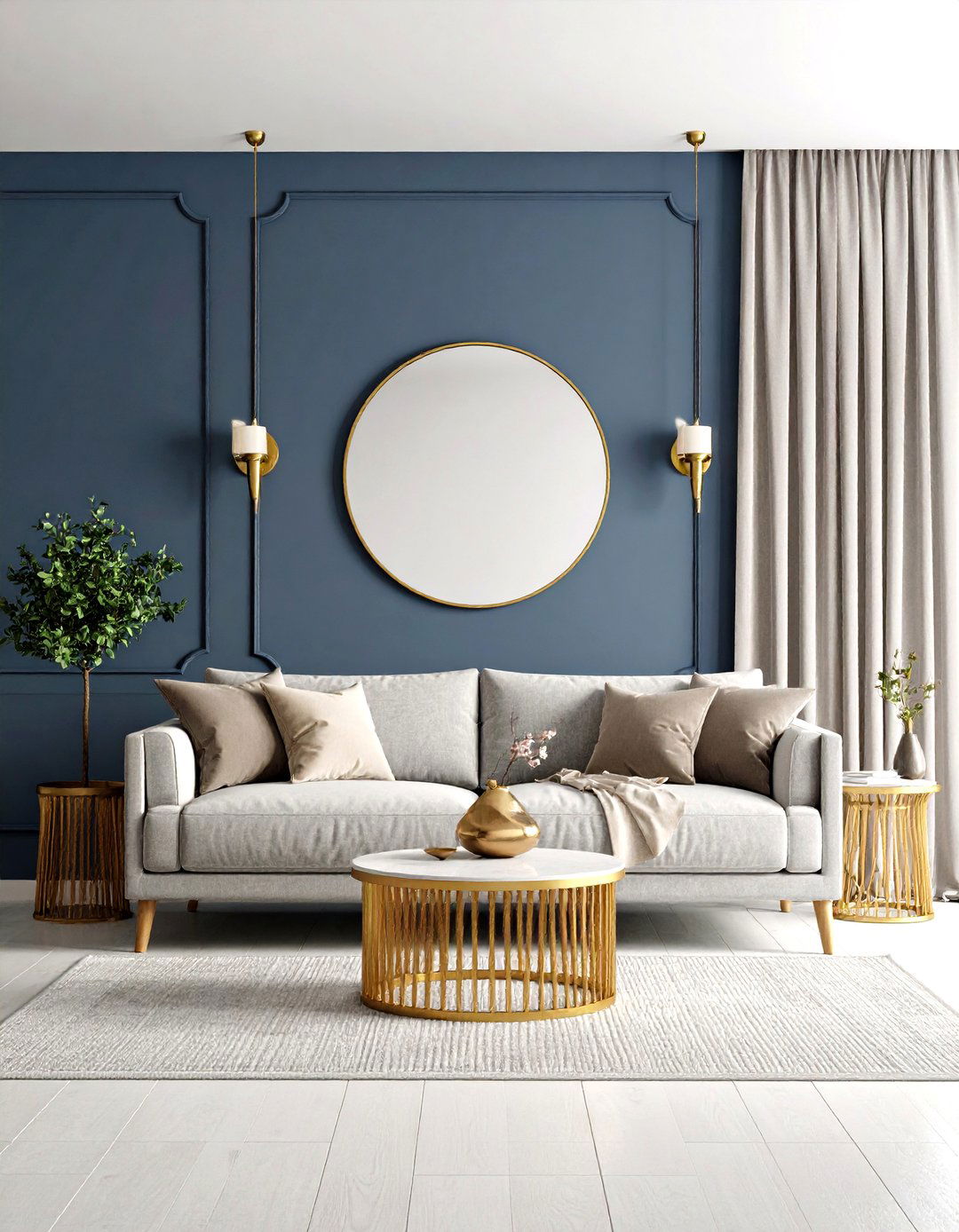 Deep Navy Accent Wall Frames a Soft Grey Setting - 25 navy blue and grey living room ideas