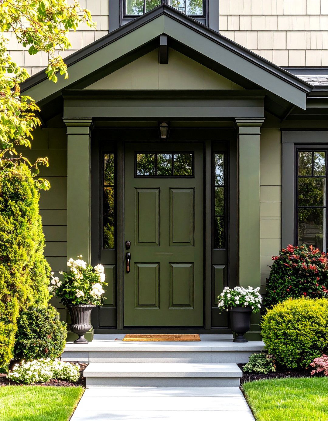 Deeper Tone Moulding Around an Olive Green Front Door - 25 olive green front door ideas