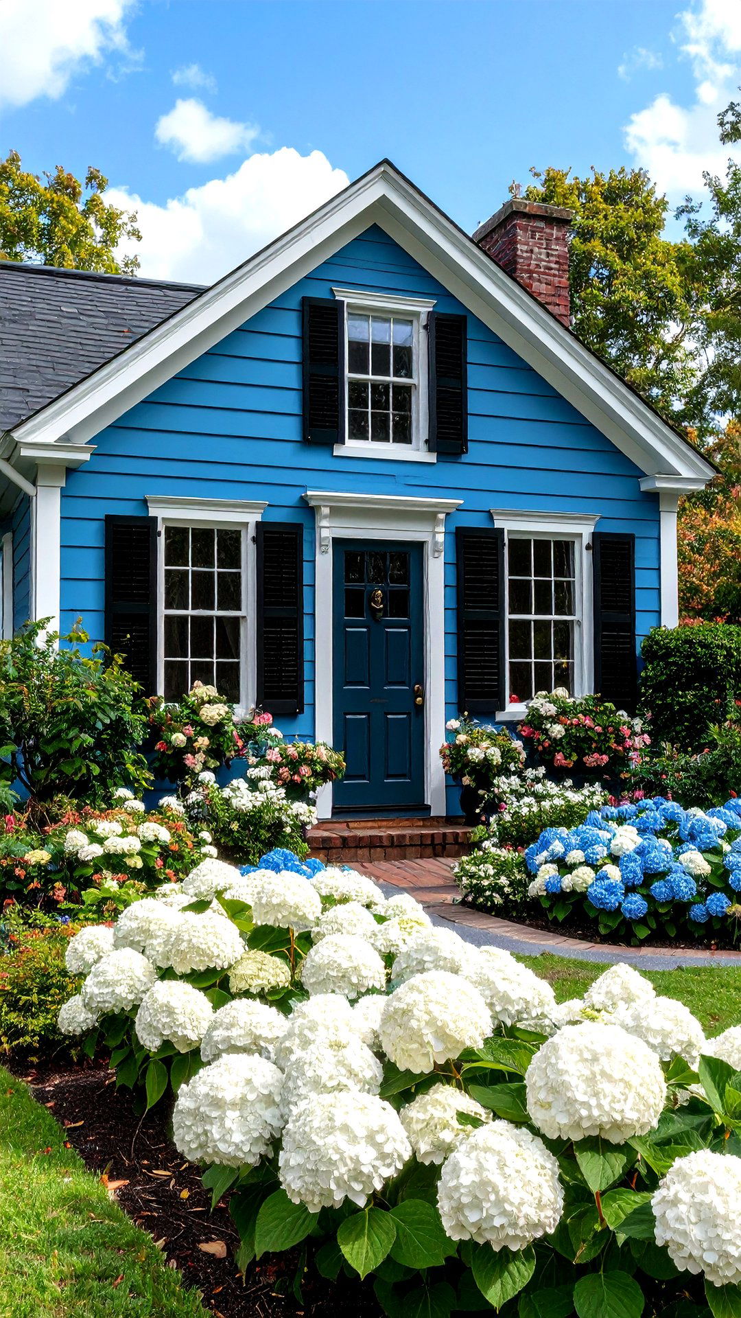 Delft Blue Colonial House with Black Louvered Shutters - 25 blue house with black trim ideas