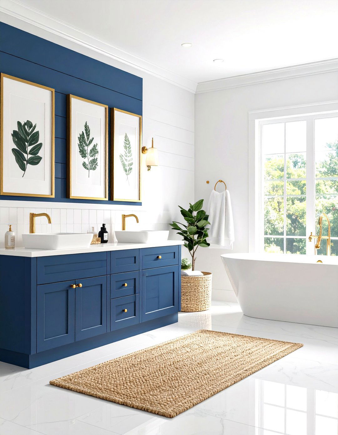 Denim Blue Accent Wall Bathroom with Gold Framed Art - 25 blue and gold bathroom ideas