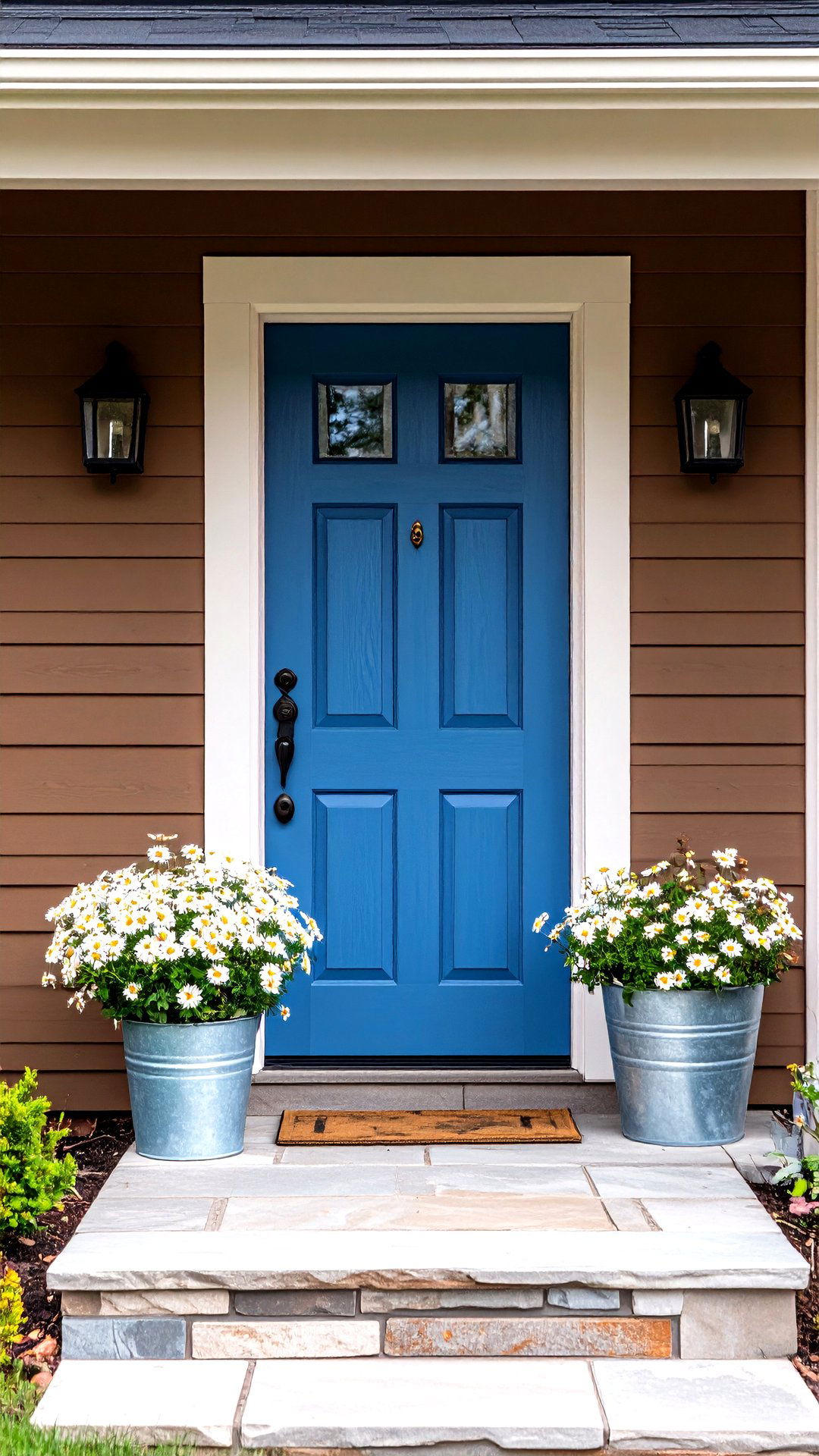 Denim Blue Front Door Offers Relaxed Style for Brown House - 25 brown house front door colors
