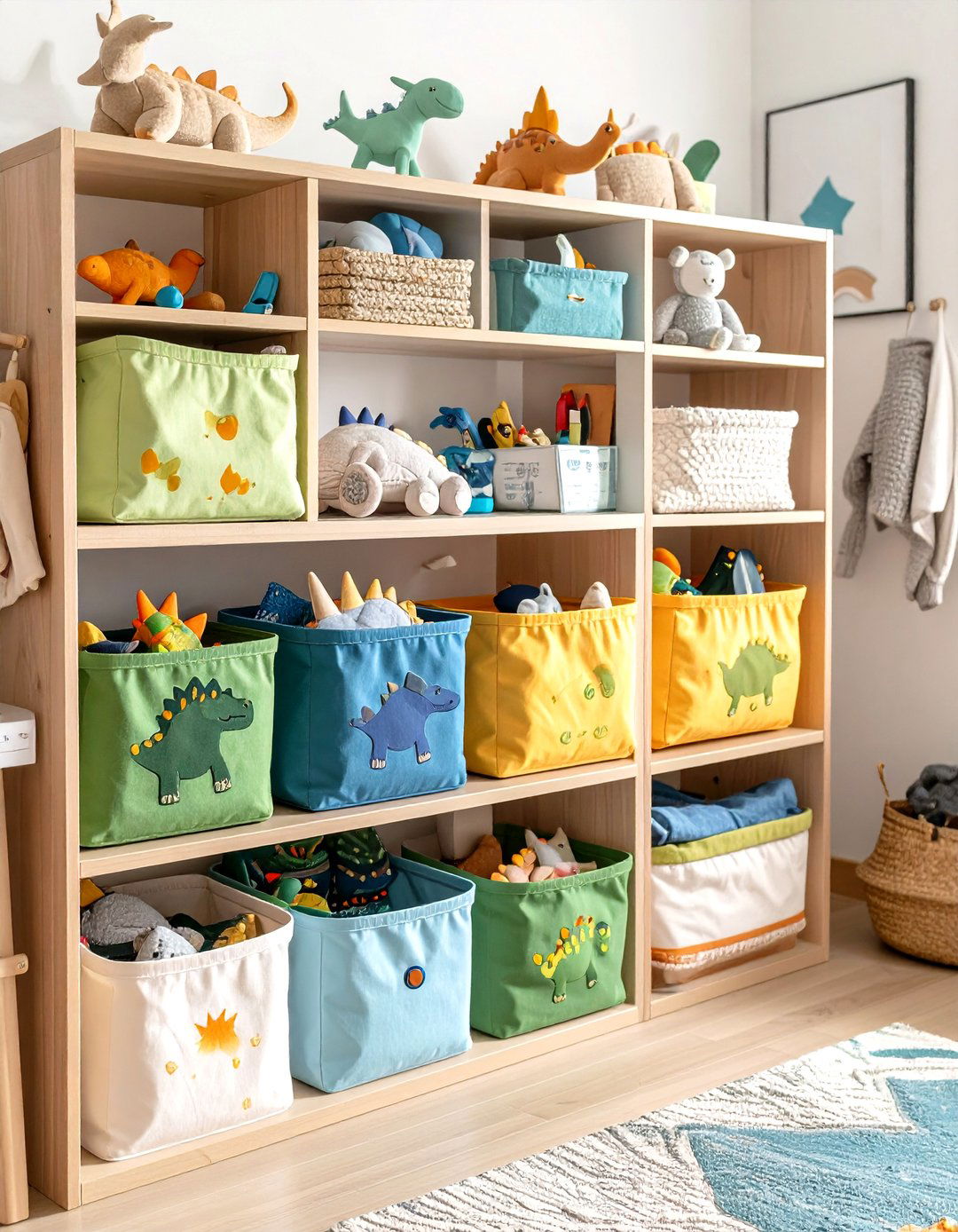 Dino Themed Storage Bins Hide the Mess - 25 dinosaur-themed kids' room ideas