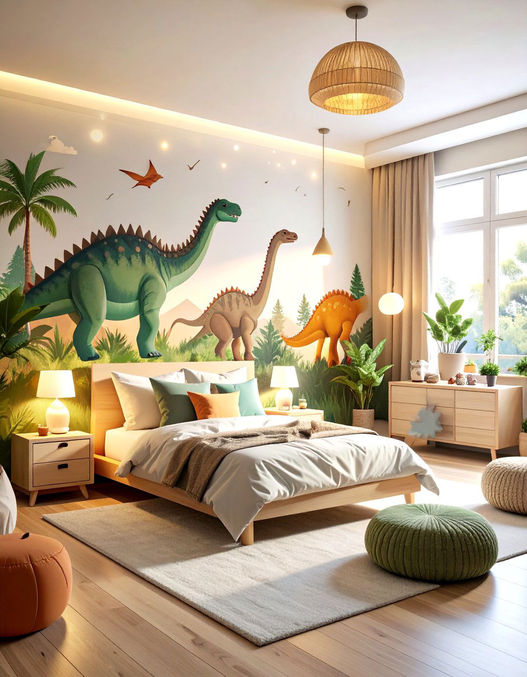 Dinosaur Mural Feature Wall - 25 dinosaur-themed kids' room ideas