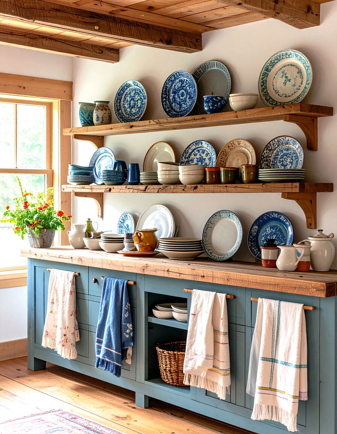 Display Everyday Pottery on Open Plate Rails - 25 farmhouse kitchen ideas