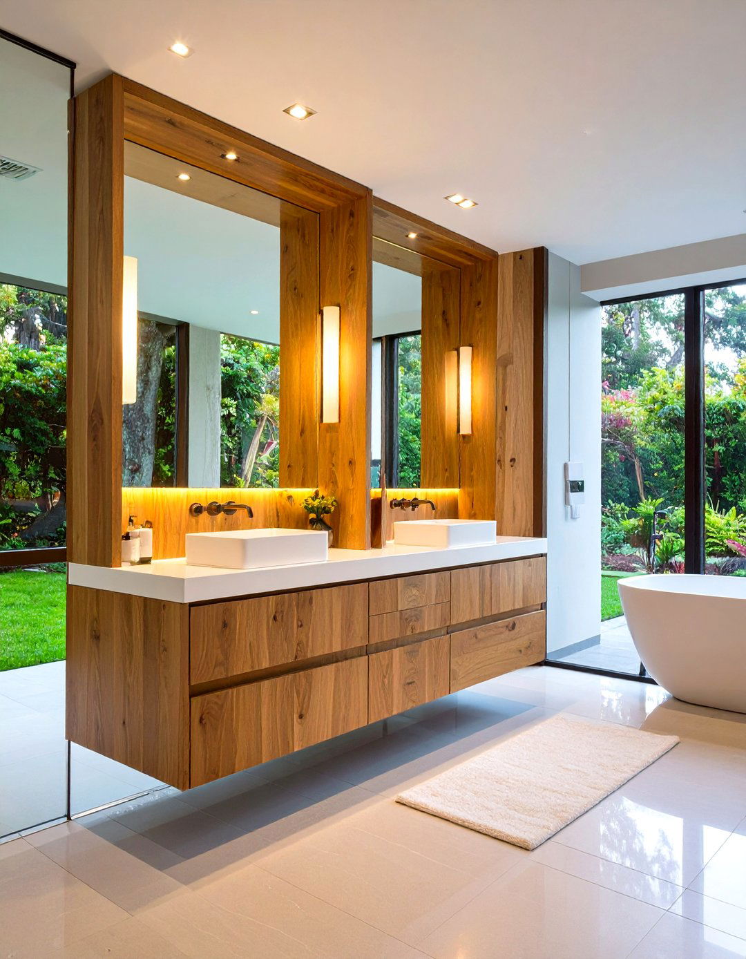 Double Sink Floating Wood Bathroom Vanity Streamlines Mornings - 25 Wood Bathroom Vanity Ideas