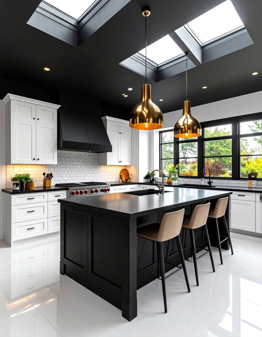 Dramatic Black Ceiling Grounds the Room - 25 black and white kitchen ideas