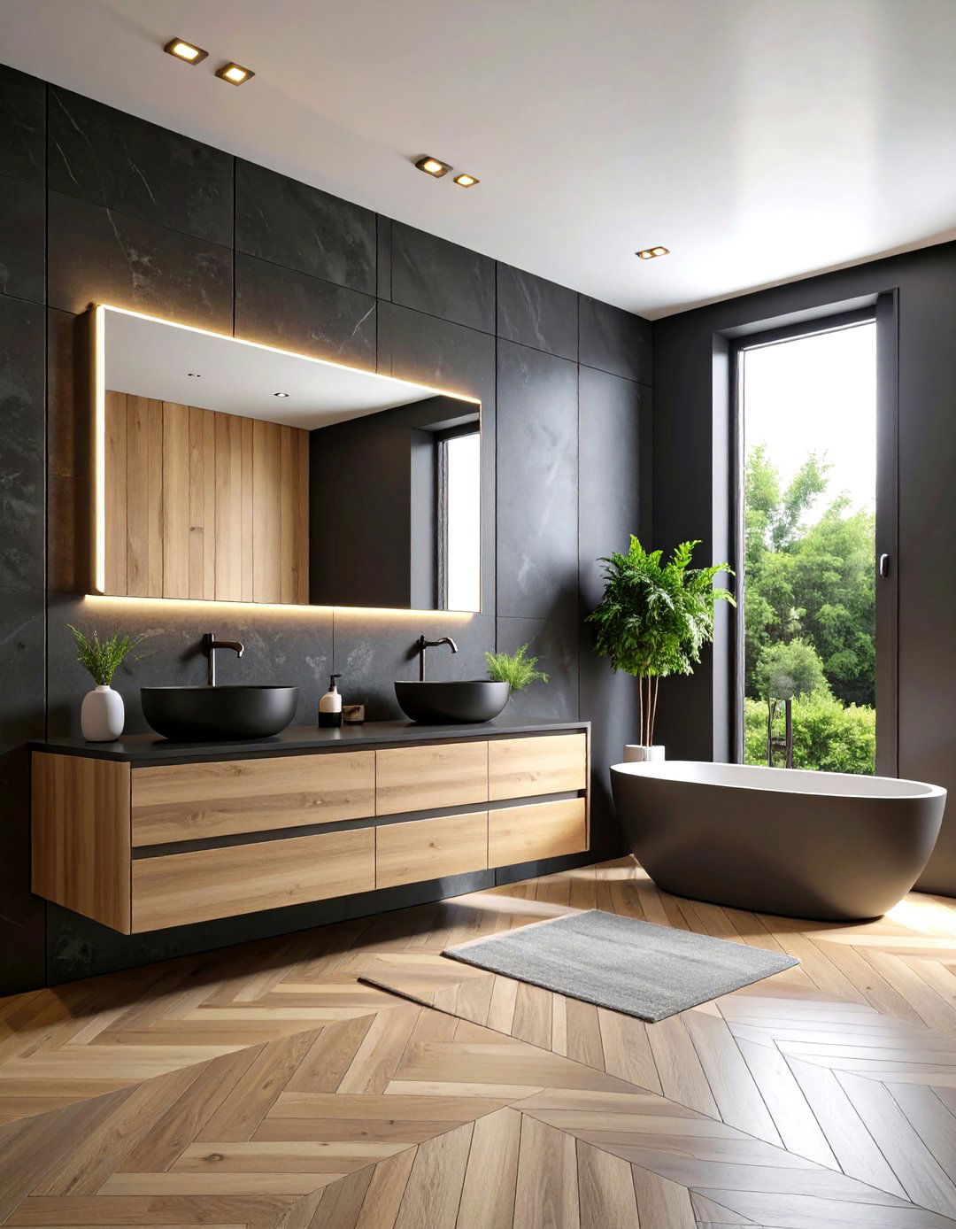 Dramatic Charcoal Walls Ground the Black and Wood Bathroom - 25 black and wood bathroom ideas