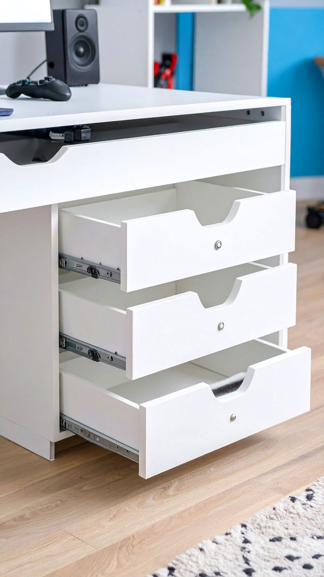 Drawer Units for Hidden Storage in a White Gaming Setup - 25 all white gaming setup ideas