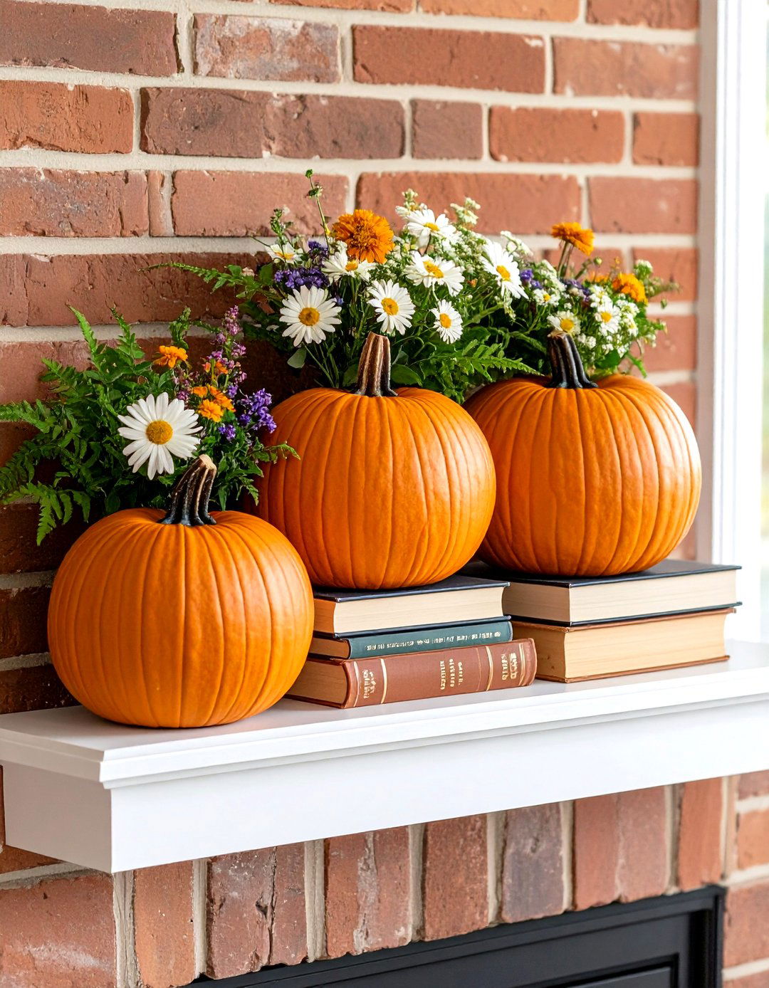 Dried Flower Pumpkin Display Mantel - 25 fall mantel decor ideas