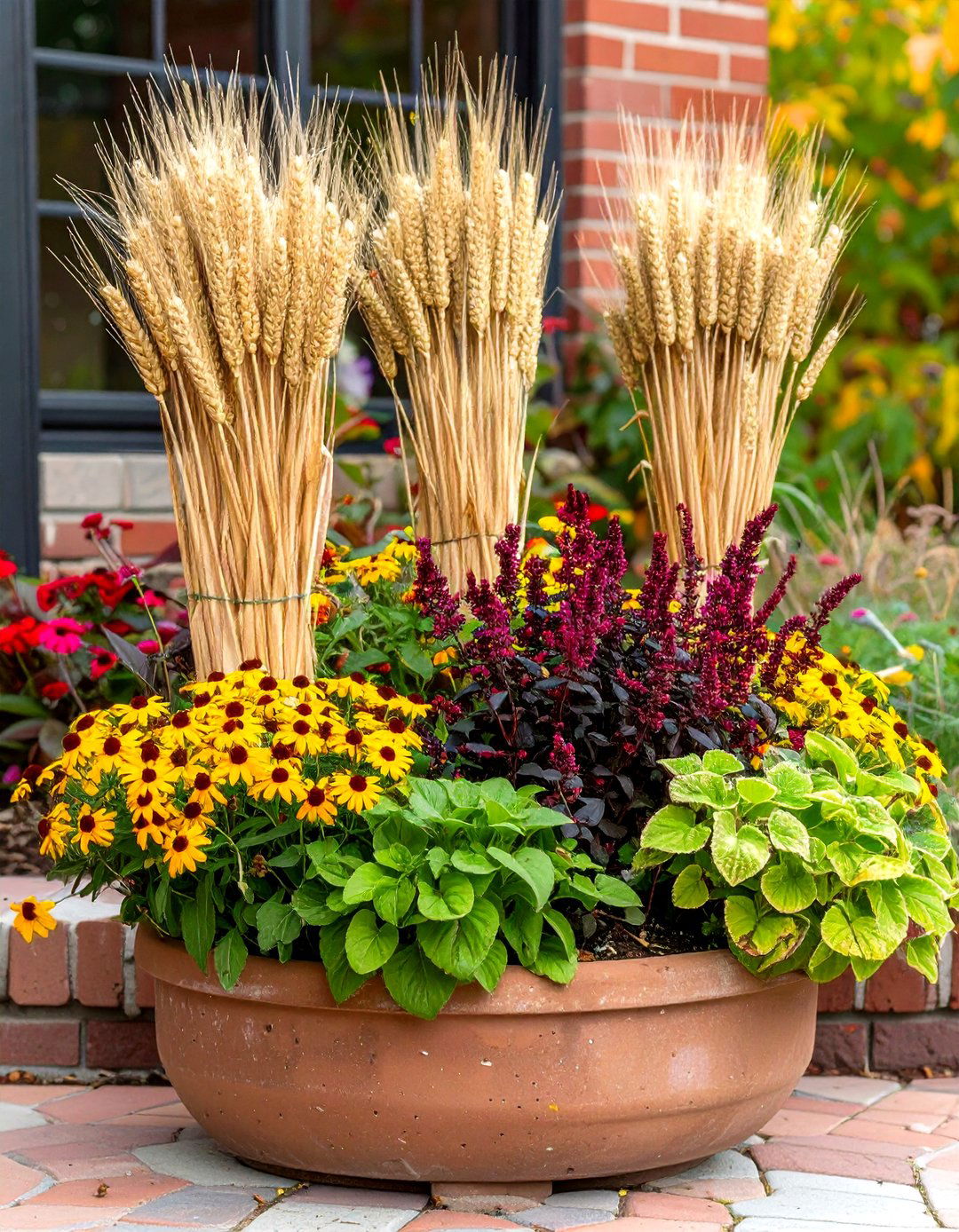 Dried Wheat and Fresh Bloom Blend - 25 fall flower box ideas