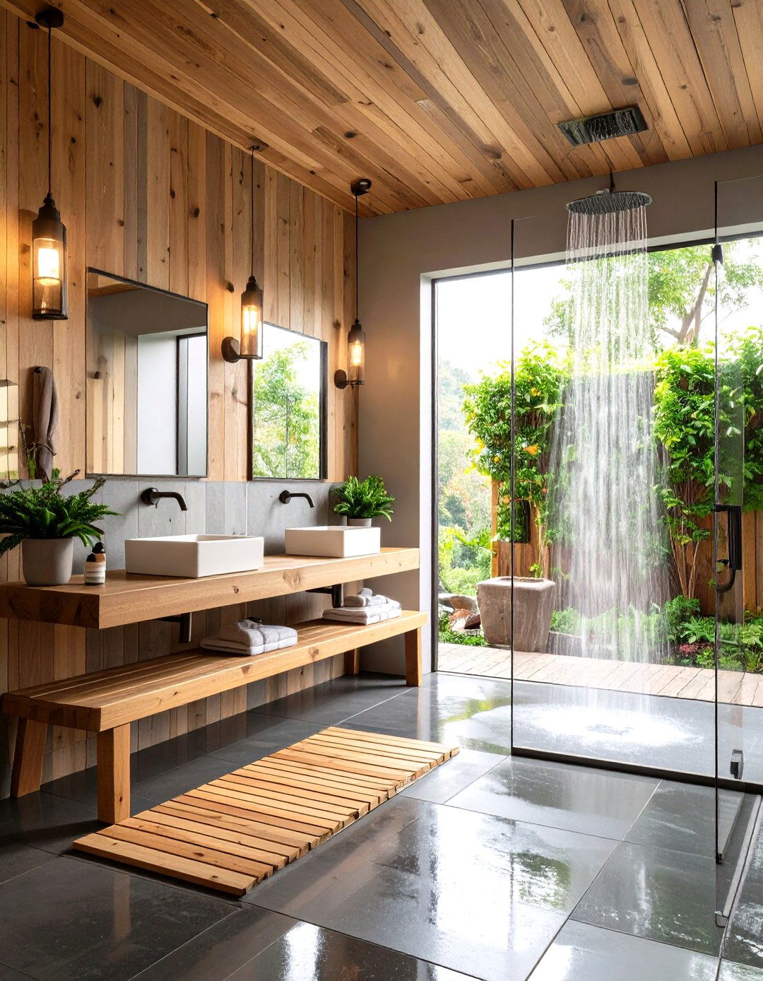 Dual Rain Showers and Cedar Bench in the Barndominium Bathroom - 25 barndominium bathroom ideas