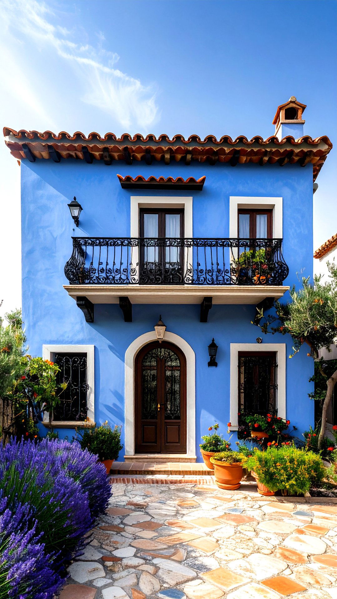 Dusty Blue Mediterranean House with Black Wrought Iron Trim - 25 blue house with black trim ideas