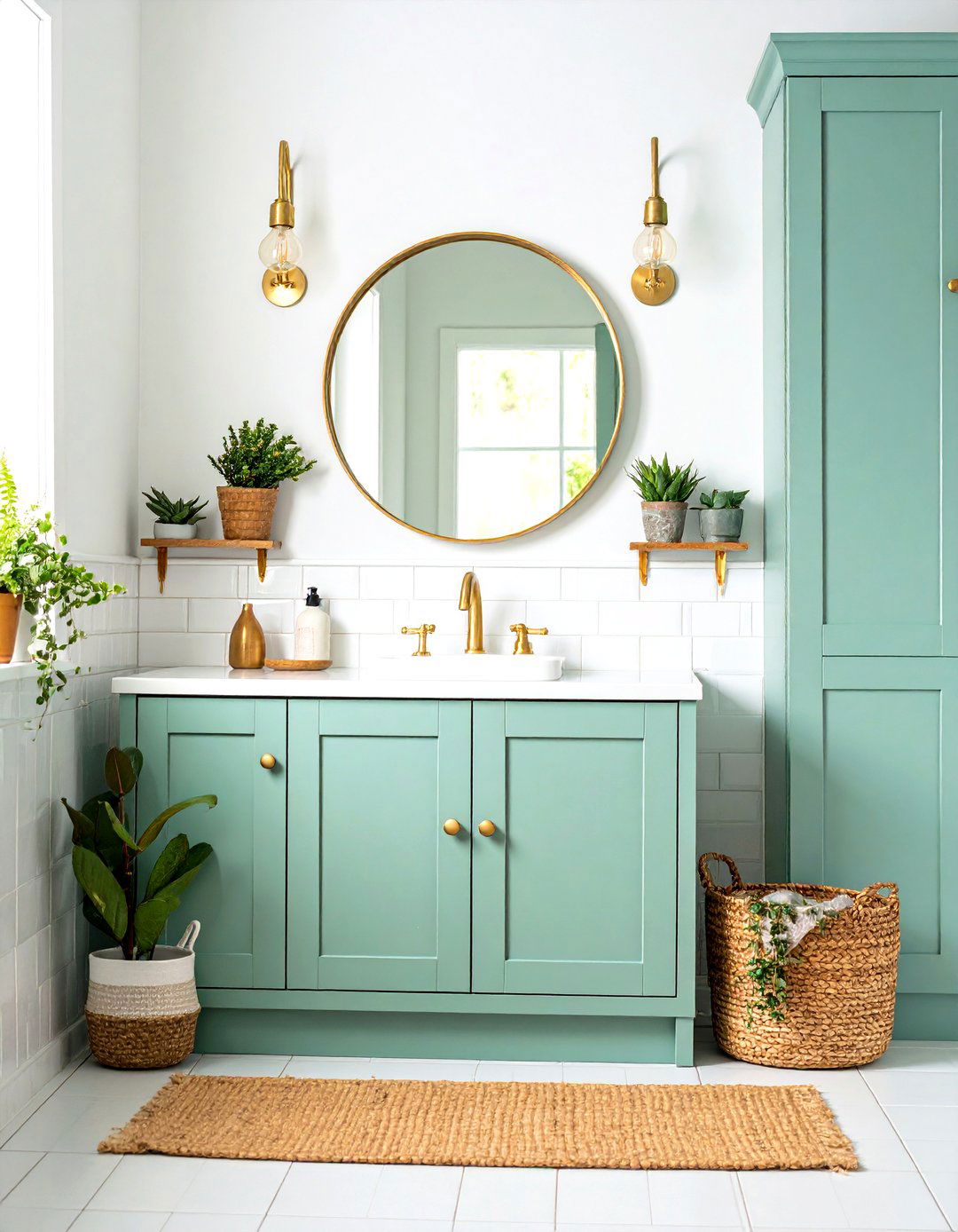 Dusty Mint Vanity Bathroom With Brass Mirror - 25 bathroom with green vanity
