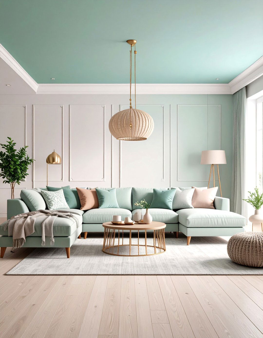 Embody Elegance with a Pastel Sectional and Sky Like Ceiling - 25 pastel living room ideas