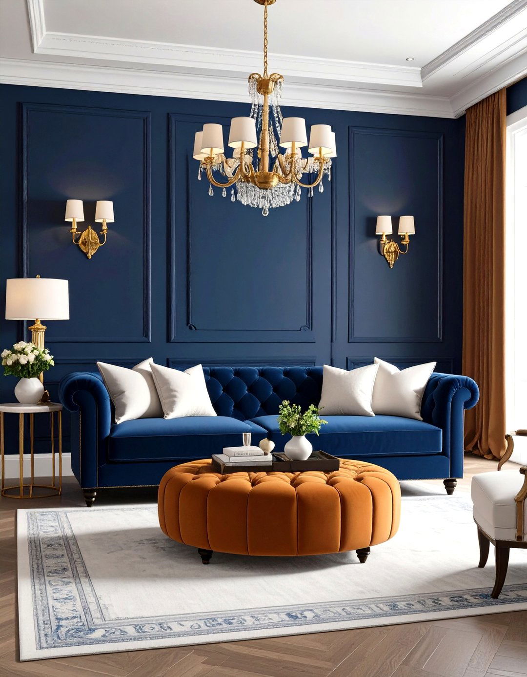 Embrace Navy and Burnt Orange for Grown Up Glam - 25 orange and blue living room ideas