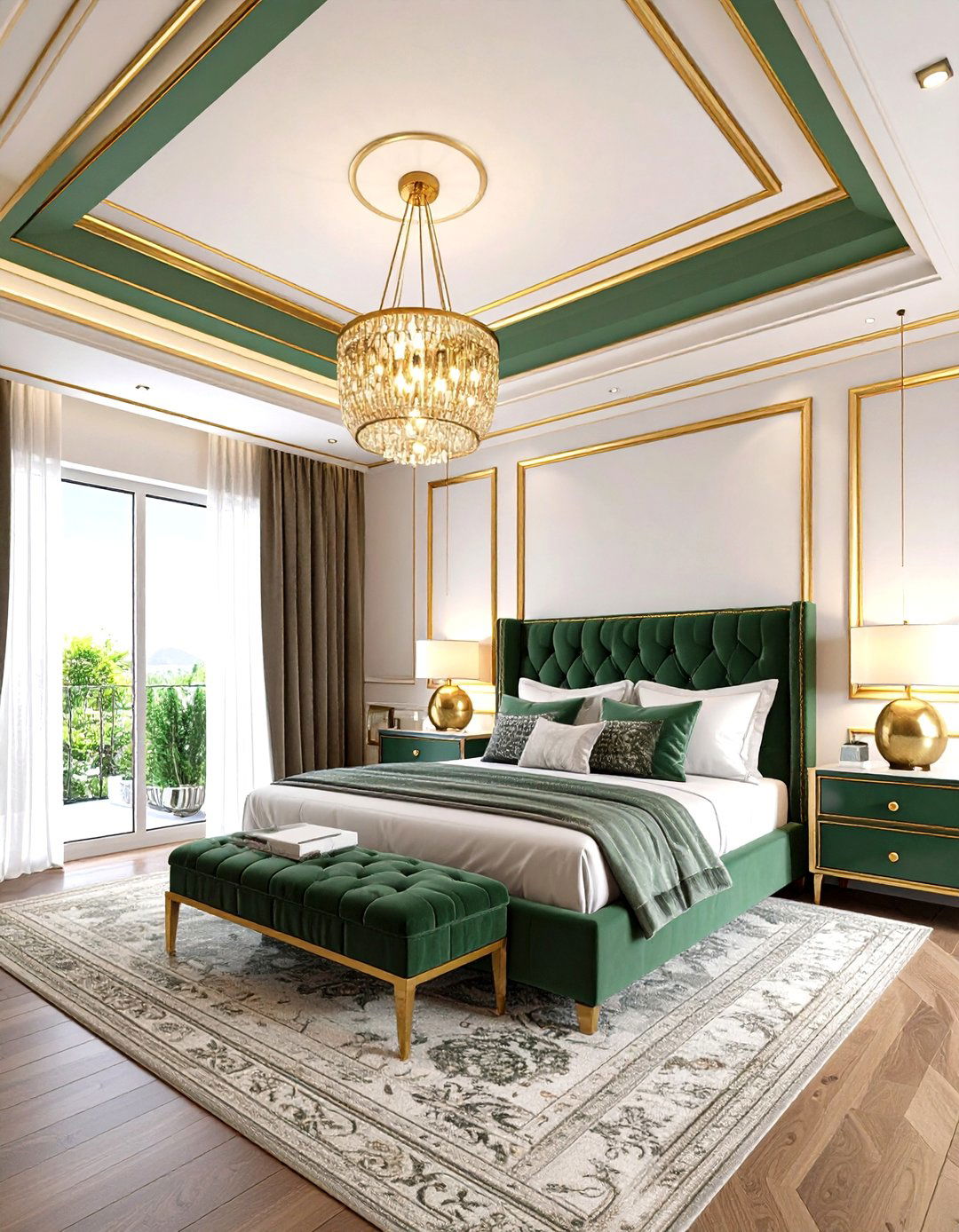 Emerald Accent Ceiling Trim with Gold Picture Frame Molding - 25 emerald green and gold bedroom ideas