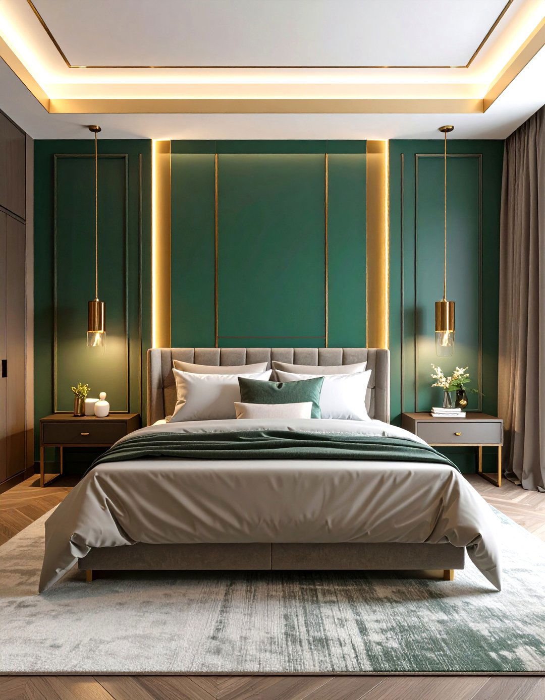 Emerald Panel Molding with Hidden Gold LED Strip - 25 emerald green and gold bedroom ideas