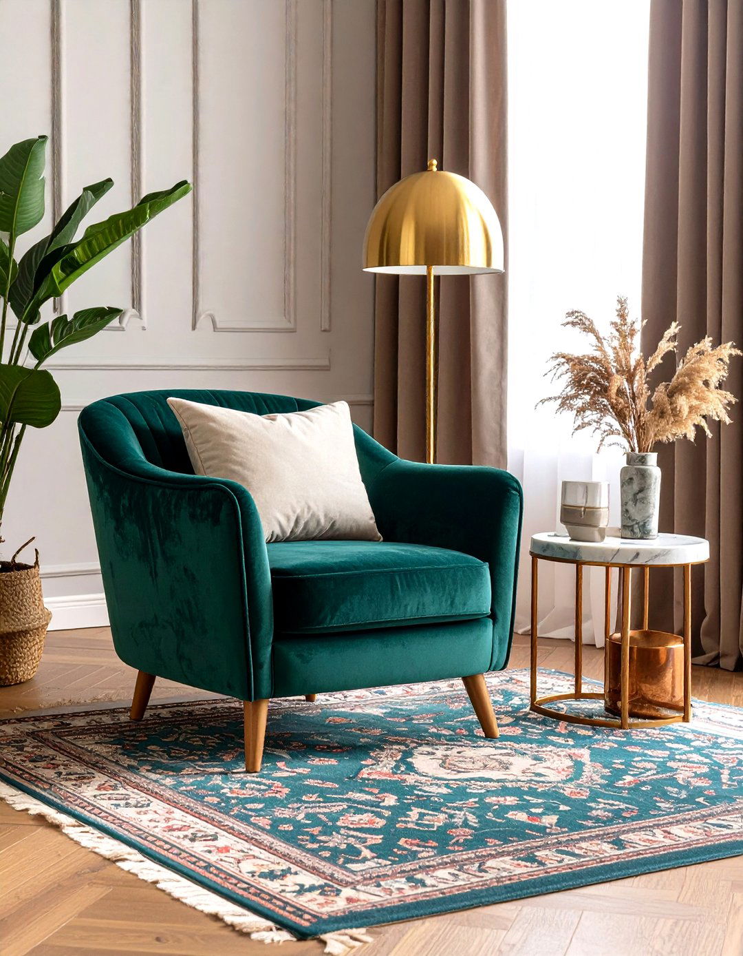 Emerald Reading Nook with Gold Floor Lamp - 25 emerald green and gold bedroom ideas