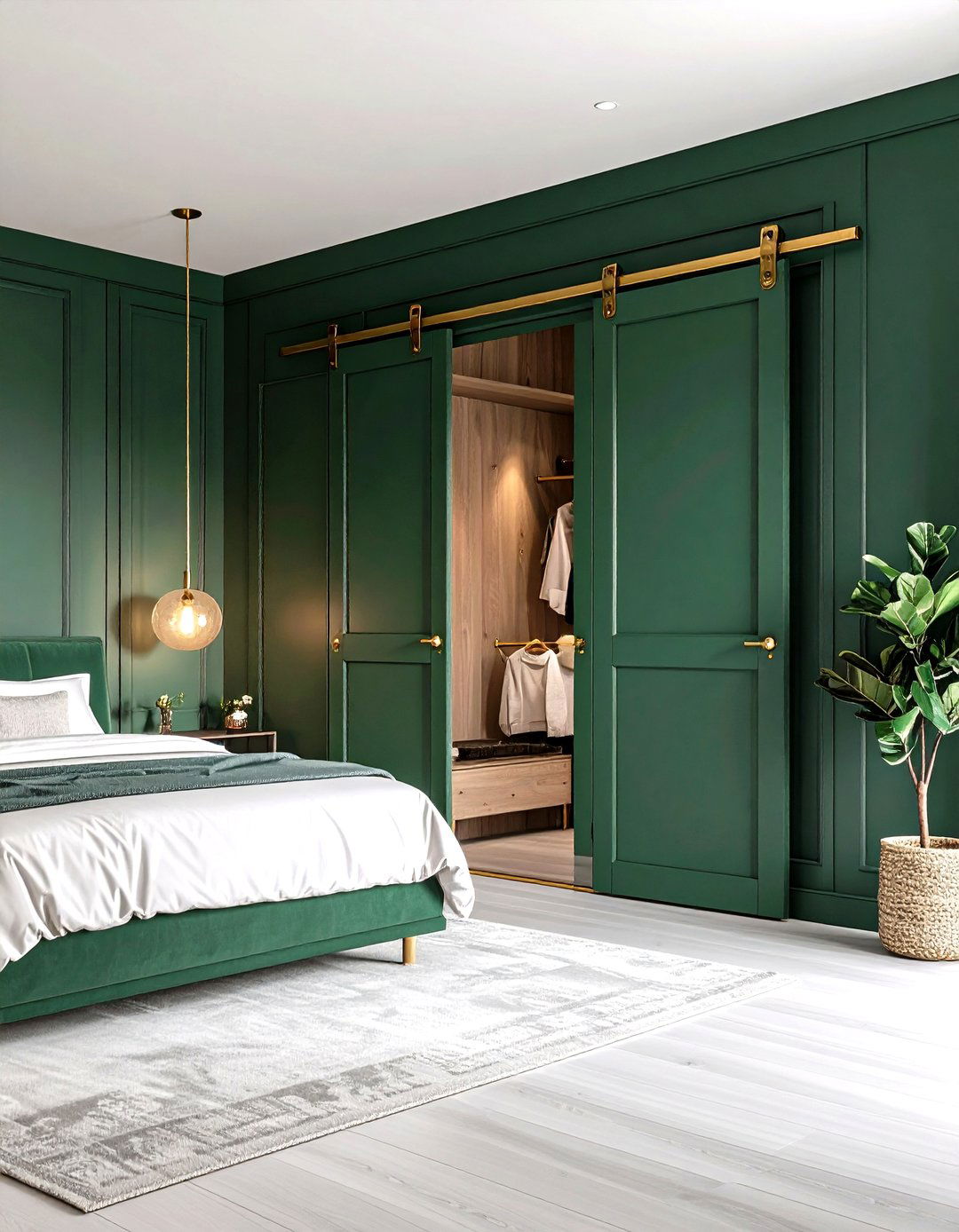 Emerald Sliding Barn Door with Satin Gold Rail - 25 emerald green and gold bedroom ideas