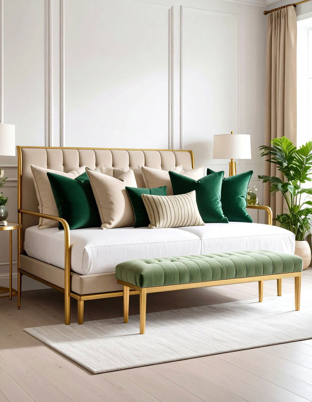 Emerald Throw Pillows on Gold Framed Daybed - 25 emerald green and gold bedroom ideas