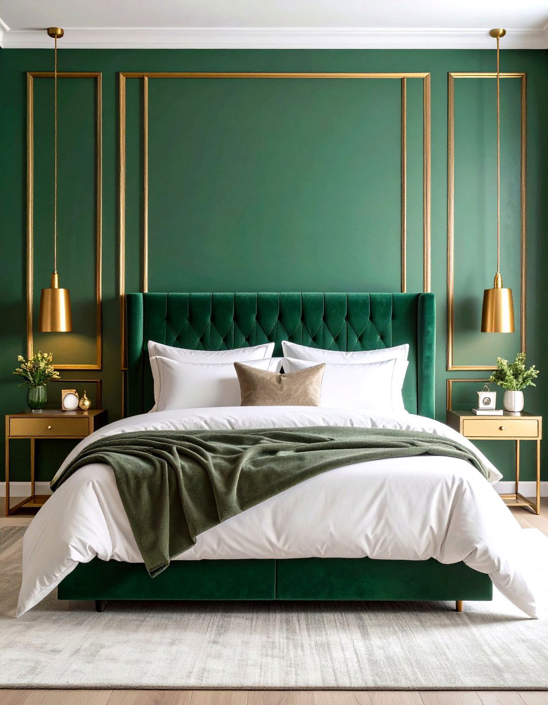 Emerald Velvet Feature Wall with Hand Brushed Gold Leaf - 25 emerald green and gold bedroom ideas