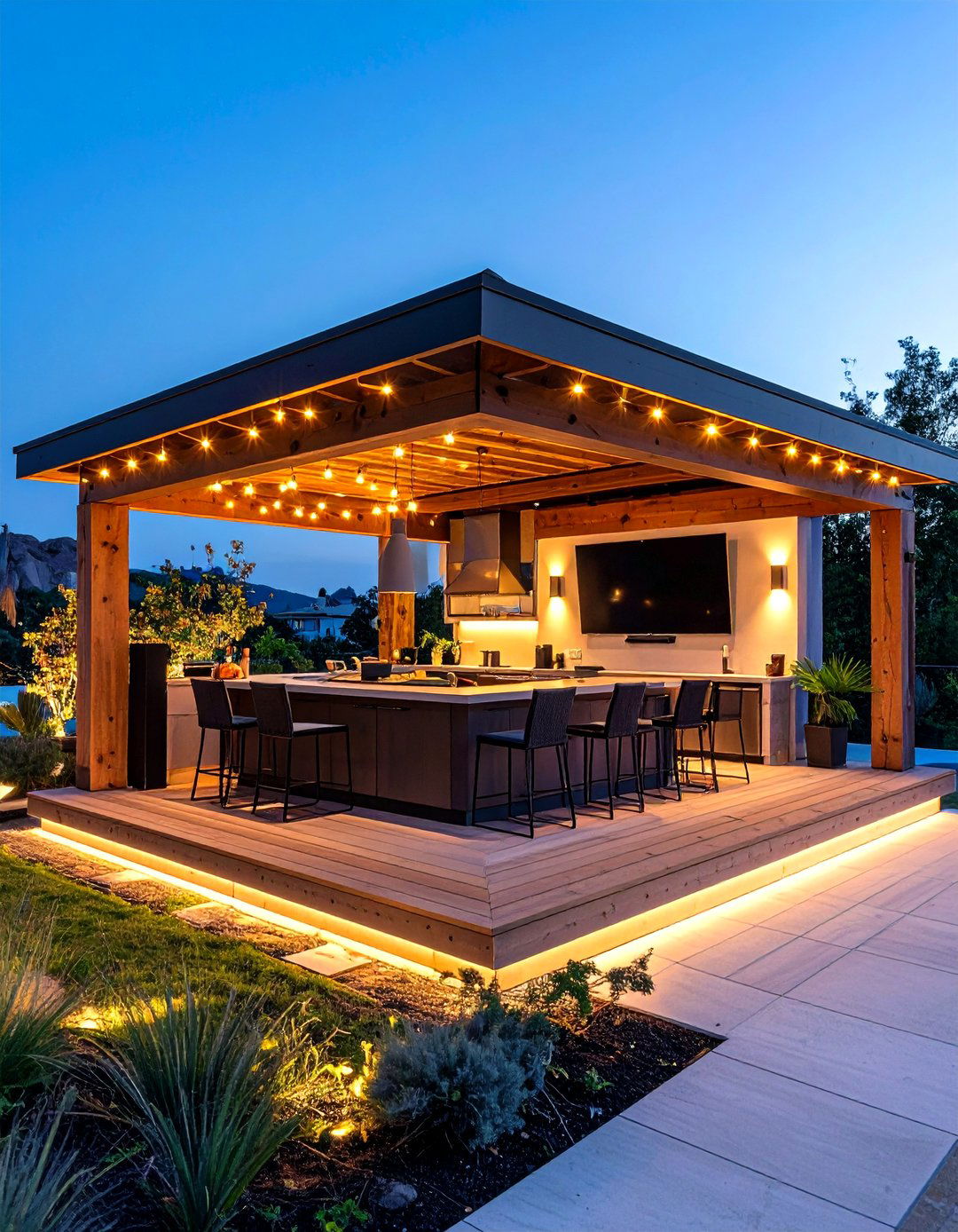Entertainment Stage Outdoor Kitchen Gazebo with Hidden AV - 25 outdoor kitchen with a gazebo ideas