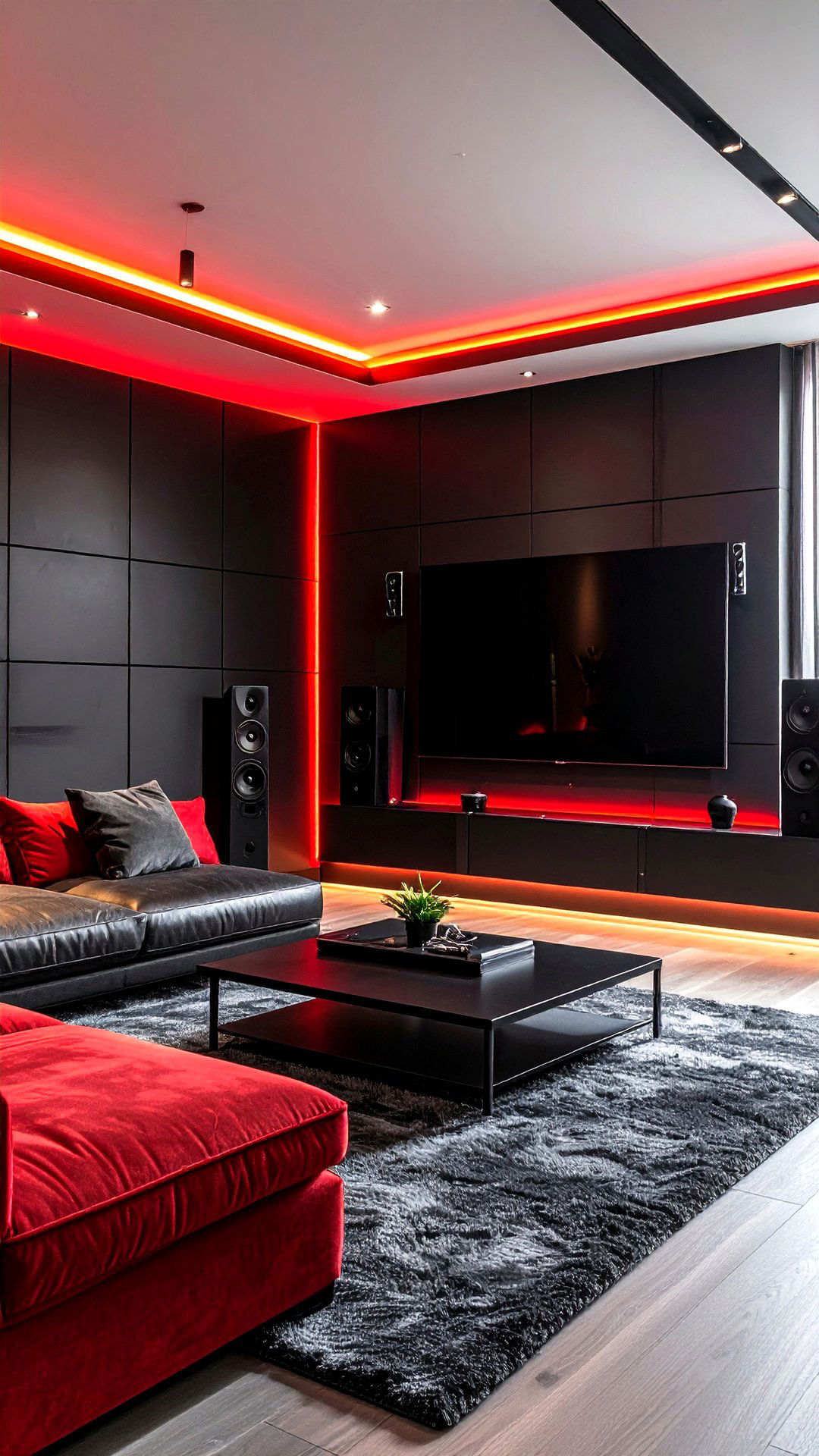 Entertainment Unit with Red LED Backlight Animates the Living Room - 25 black and red living room ideas