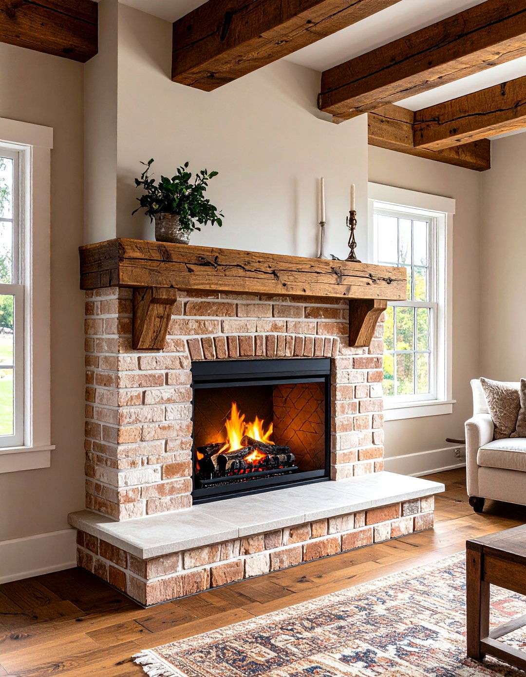Exposed Beam Mantel with Painted Brick Base - 25 painted brick fireplace ideas