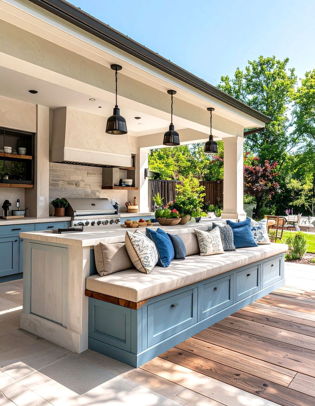Extended Dining Bench Integration - 25 Stucco Outdoor Kitchen Ideas