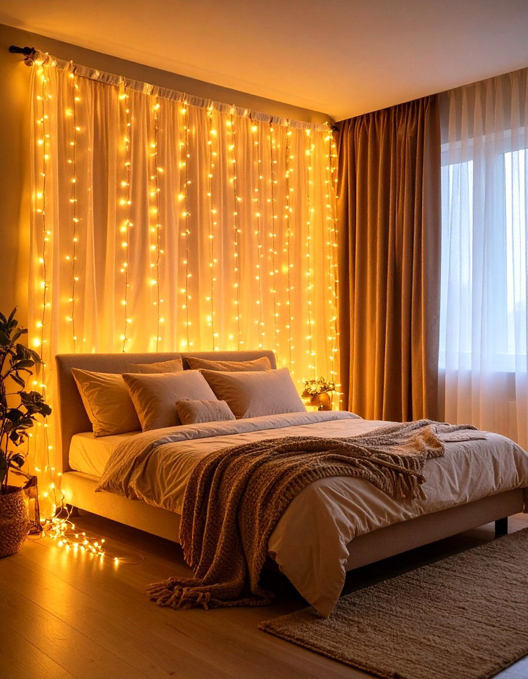 Fairy Light Curtain for Subtle Glow - 25 no headboard ideas