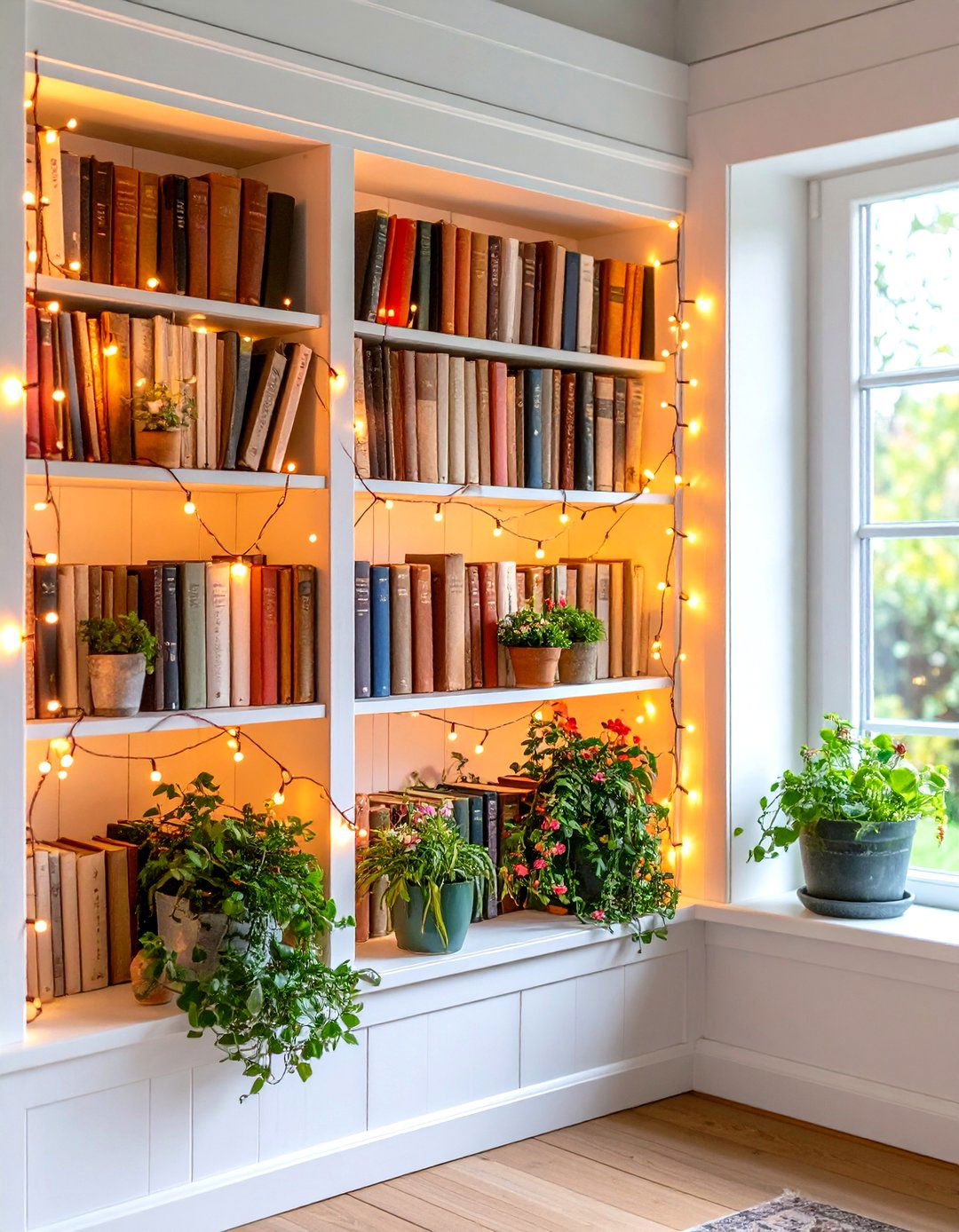 Fairy Lights Weave Whimsical Bookshelf Lighting - 25 bookshelf lighting ideas