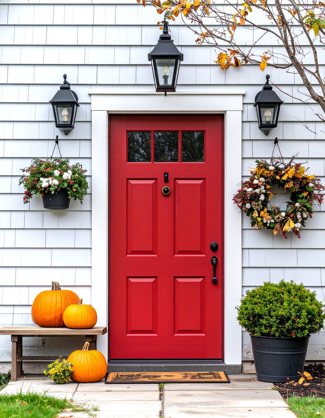 Farmhouse Dark Red Front Door and Lanterns - 25 dark red front door ideas