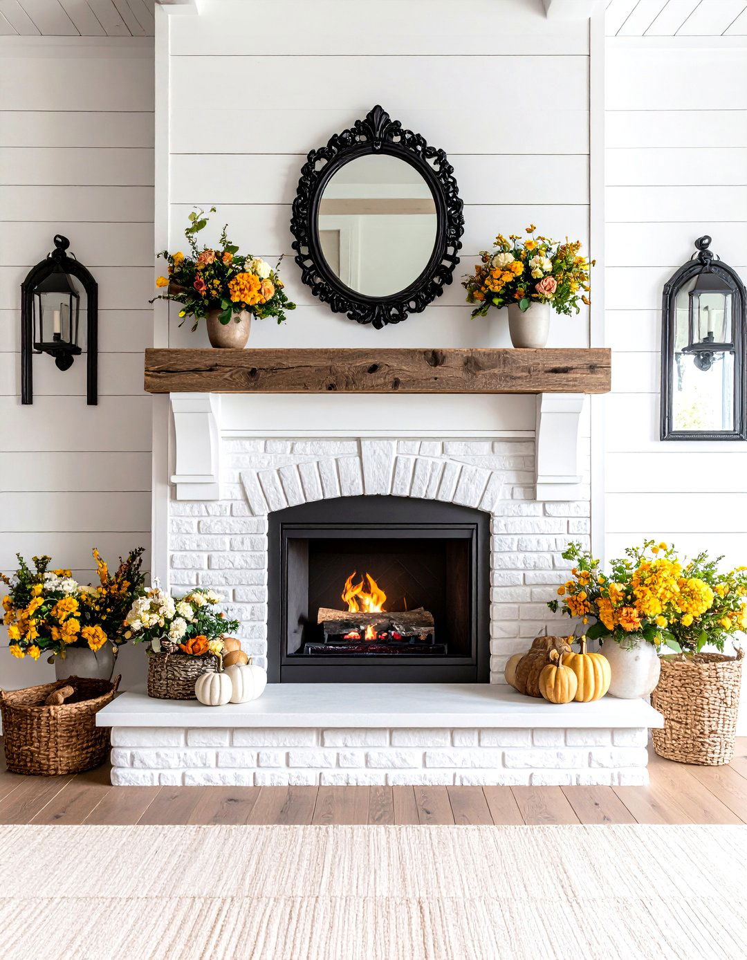 Farmhouse Fireplace with Reclaimed Wood Mantel - 25 fireplace ideas