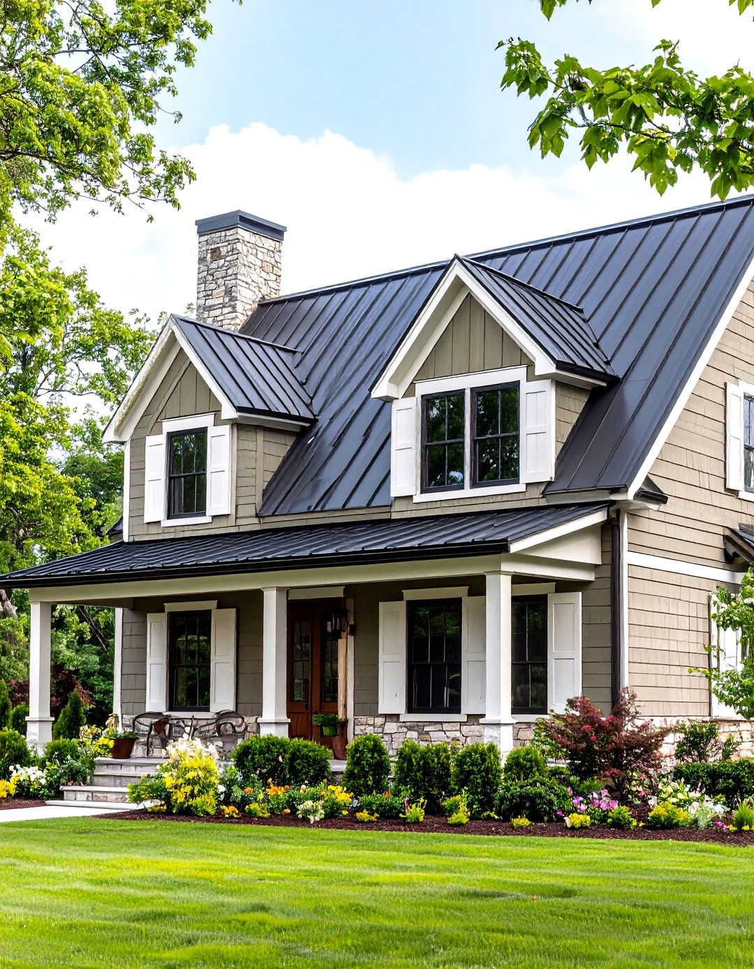 Farmhouse Fusion Olive Lap and Black Metal Roof - 25 olive green house exterior ideas