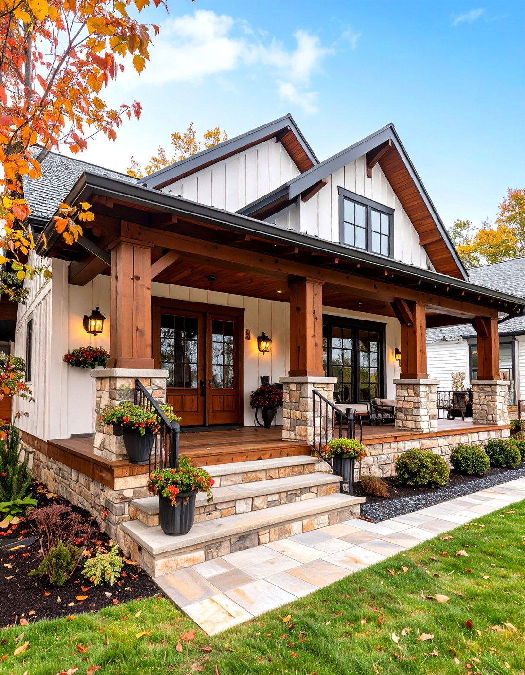 Farmhouse Warm Open Gable Porch With Stained Cedar Beams - 25 open gable porch ideas