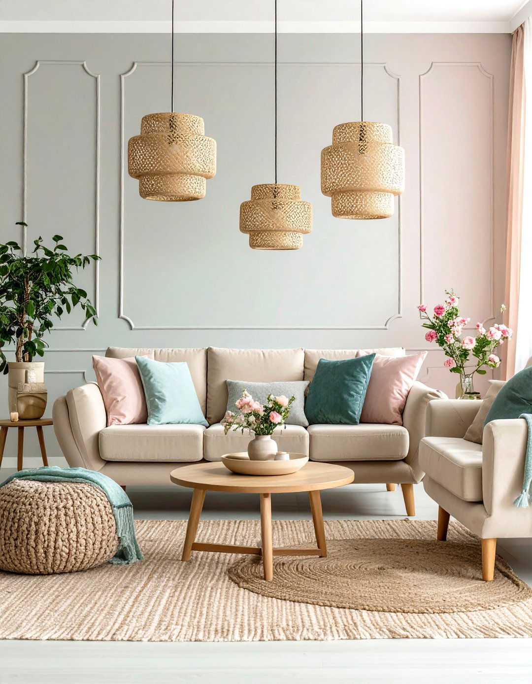 Feature Wall with Pastel Wallpaper - 25 pastel living room ideas