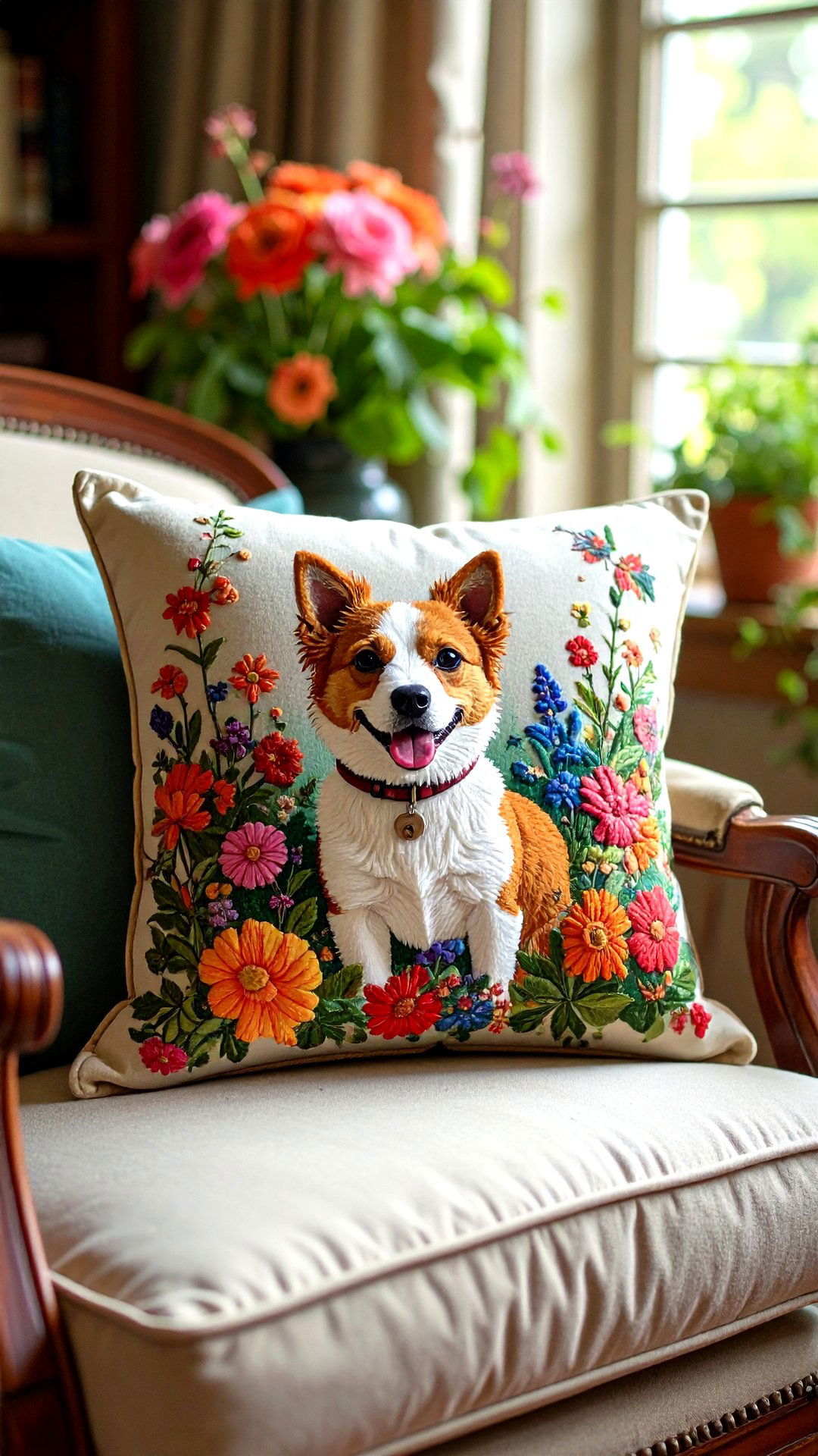 Feature a Needlepoint Pet Portrait Pillow - 25 grandmillennial style bedroom ideas